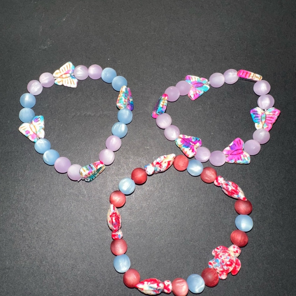 Hand Crafted Butterfly Bead Bracelets - Red, Blue, Purple